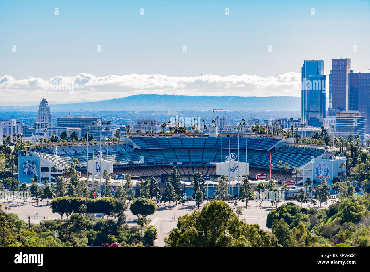Vista aerea del Los Angeles downtown area con il Dodger Stadium in California Foto Stock