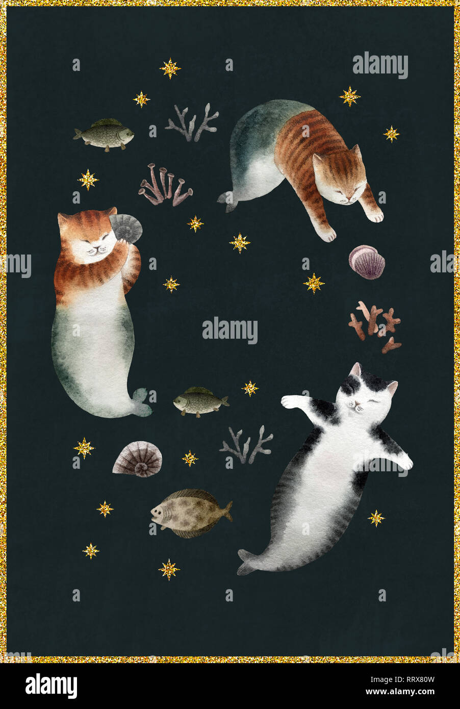Cartoline di auguri con set di gatti. Serie di acquerelli di gatti sirene,  oro glitter stelle e pesci isolati su sfondo verde. Pronta per la stampa  Foto stock - Alamy
