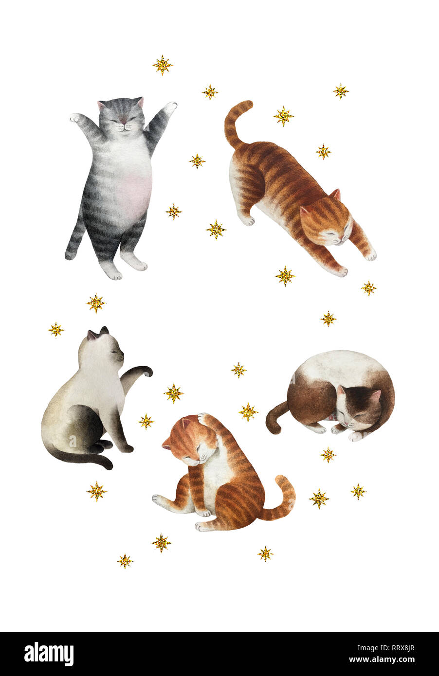 Cartolina di Natale con set di gatti. Serie di acquerelli di gatti, oro glitter stelle isolati su sfondo bianco. Pronto per la stampa di cartoline. Foto Stock