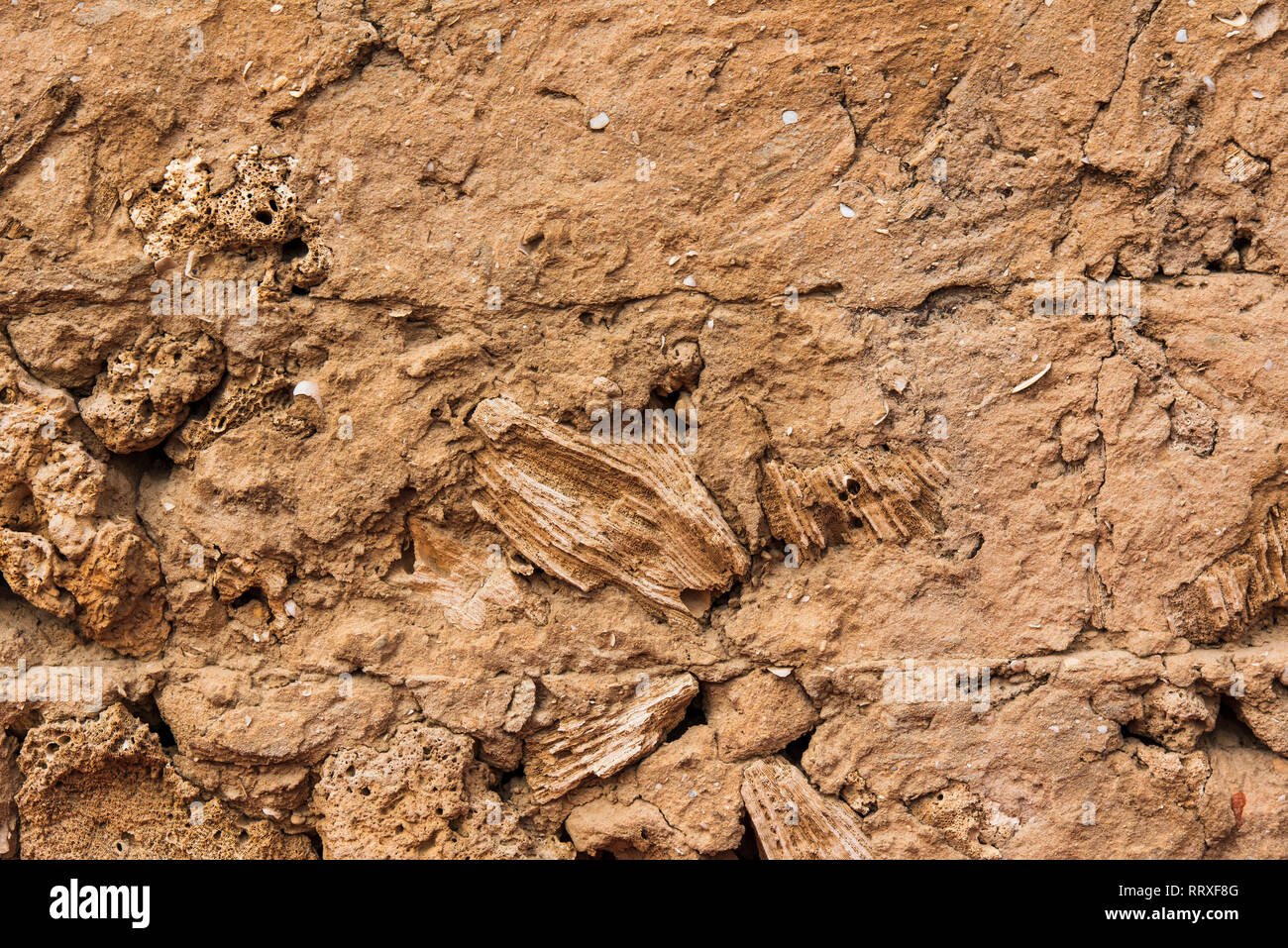 Vintage arabo muro di fango nel deserto realizzato con spiaggia di sassi e pietre di corallo Foto Stock