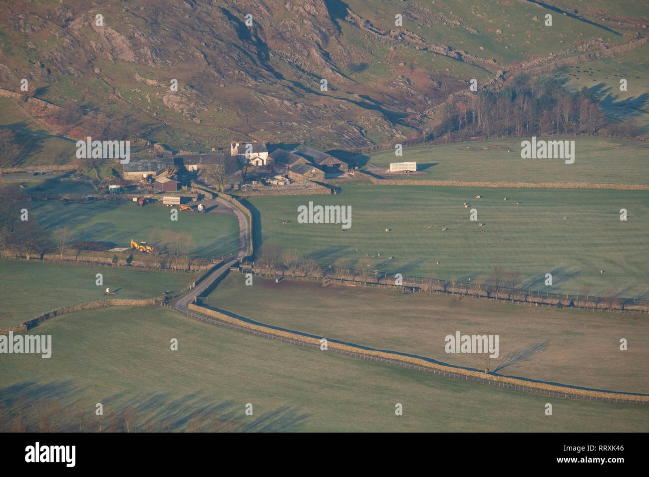 La mattina presto luce su uno sgabello fine farm, grande Langdale, Lake District, REGNO UNITO Foto Stock