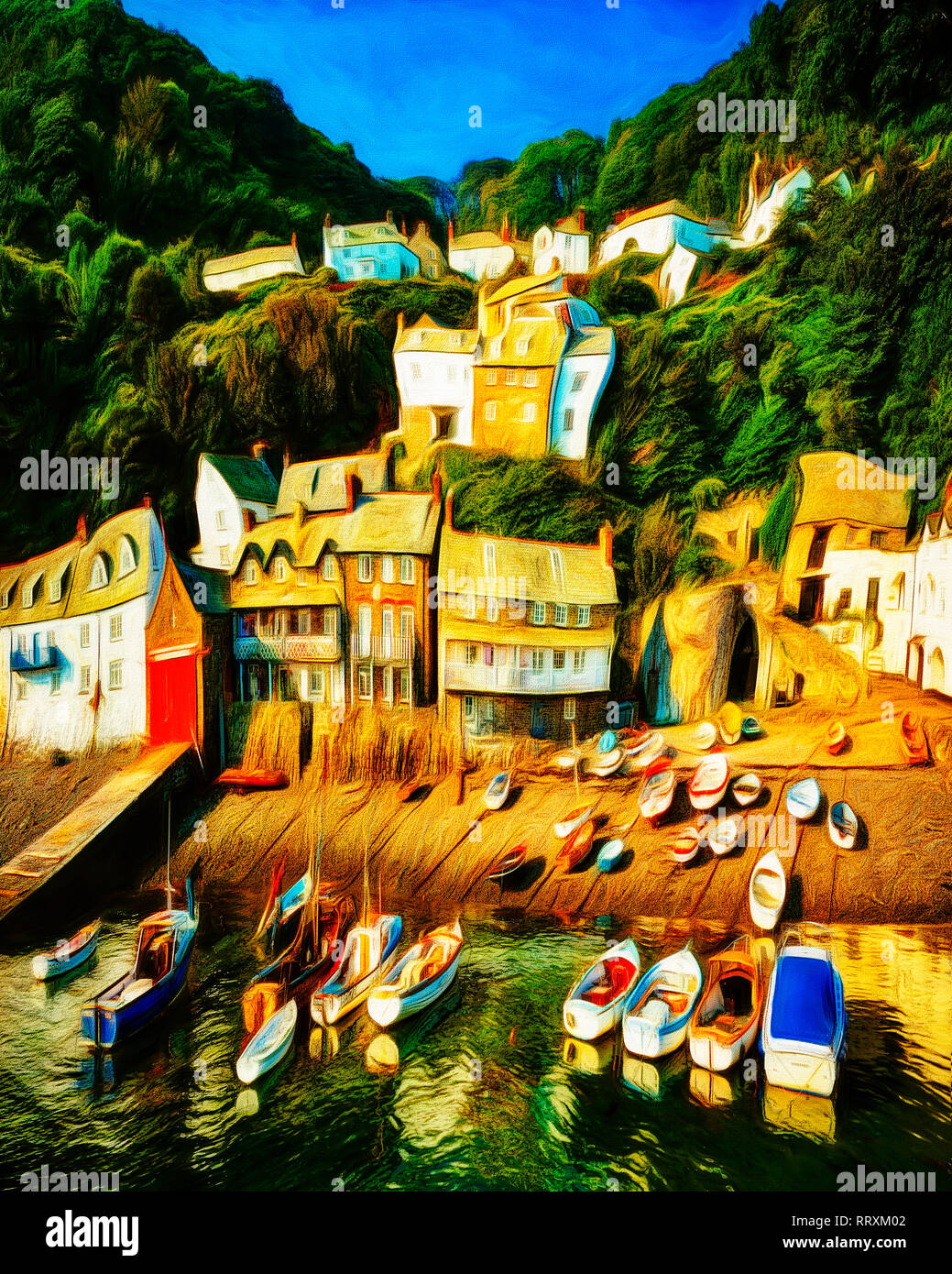 Arte digitale: Clovelly Harbour, Devon, Gran Bretagna Foto Stock