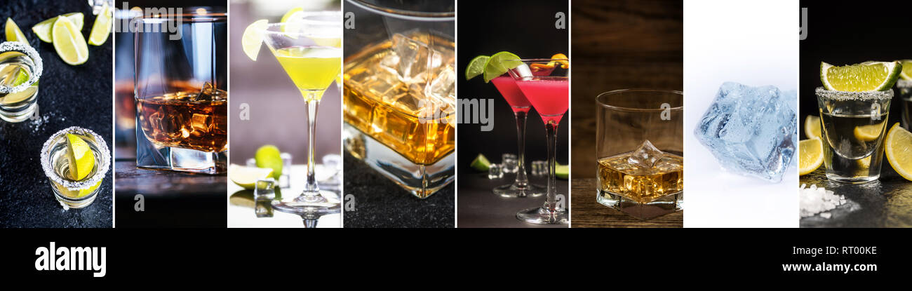 Collage di alcolici mostrano la tequila con limone e lime, o di whiskey Bourbon , cosmopolita e daiquiri e il cubo di ghiaccio Foto Stock