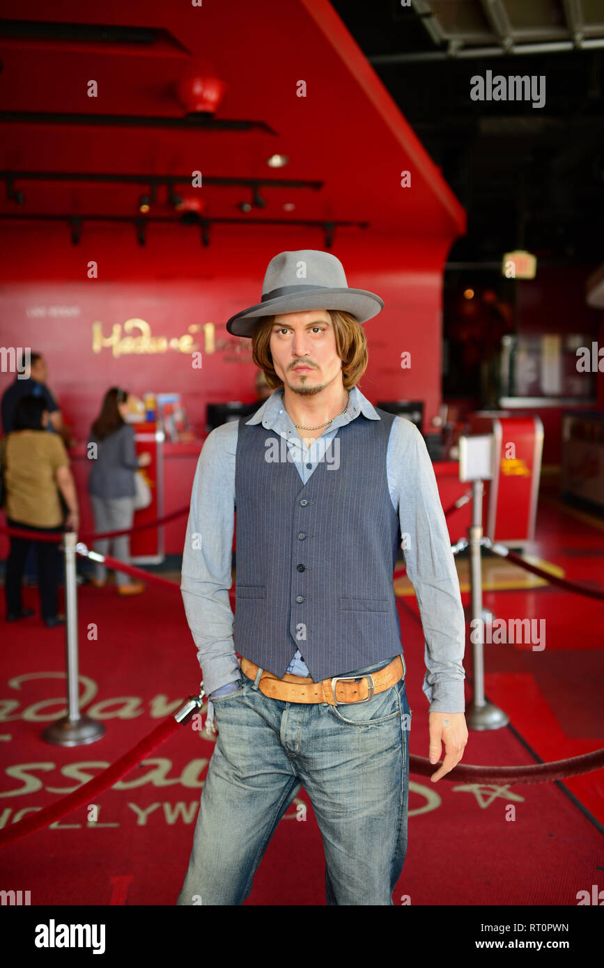 Johnny Depp di scultura di cera presso il museo di Madame Tussauds ingresso, Hollywood Boulevard. Foto Stock