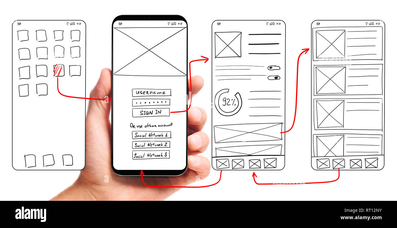 Sviluppo UI. Maschio di mano azienda smartphone con reticolati interfaccia utente prototipi dello schermo di un'applicazione mobile su sfondo bianco. Foto Stock