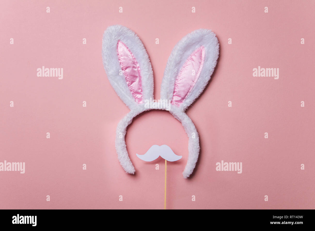 Coniglietto di Pasqua le orecchie con baffi bianchi su un pastello sfondo rosa Foto Stock