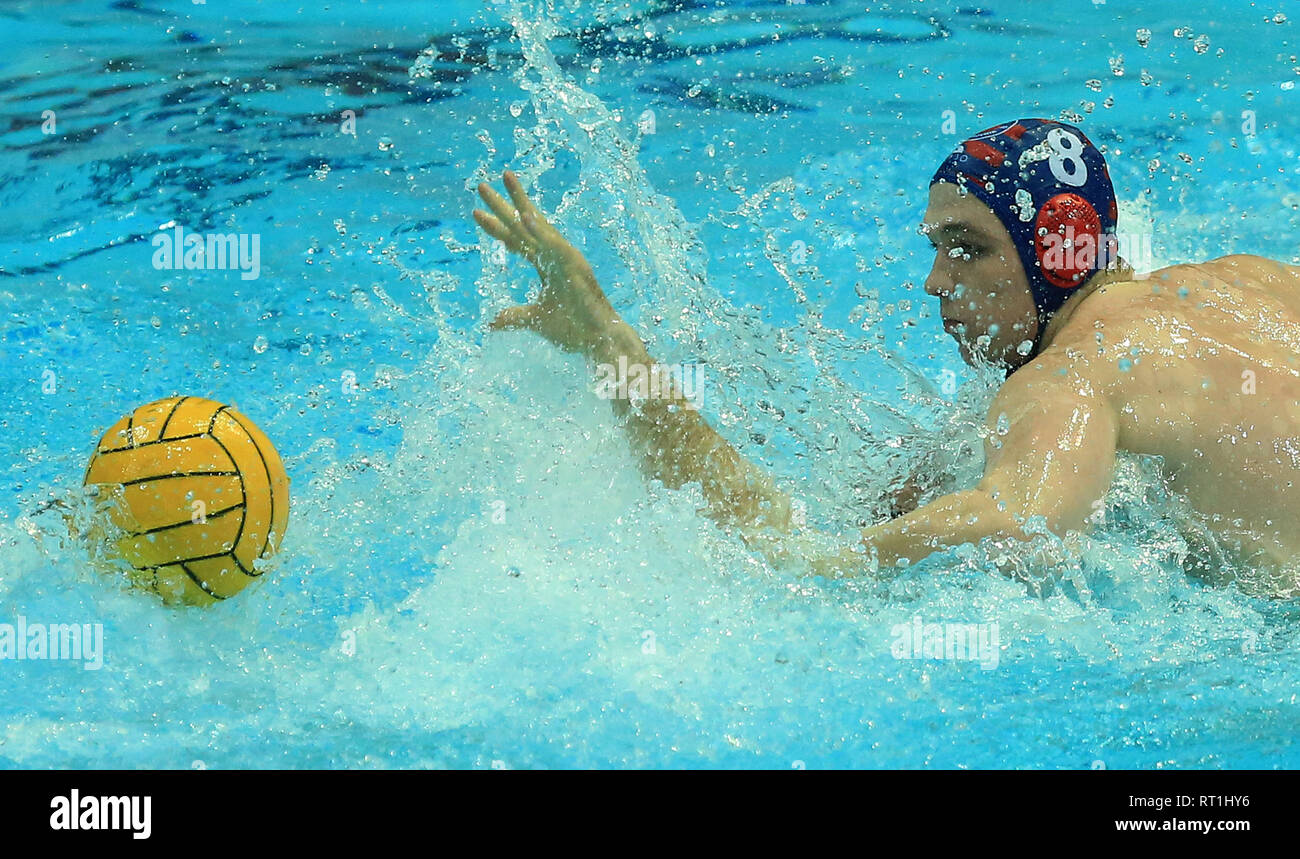 Zagabria, Croazia. Il 27 febbraio, 2019. Daniil Merkulov della brocca CO compete durante il LEN Champions League gruppo preliminare B maschile di pallanuoto match tra HAVK Mladost Zagabria e VK Jug CO Dubrovnik a Zagabria in Croazia, il 27 febbraio 2019. HAVK Mladost Zagreb perso 5-11. Credito: Marko Prpic/Xinhua/Alamy Live News Foto Stock
