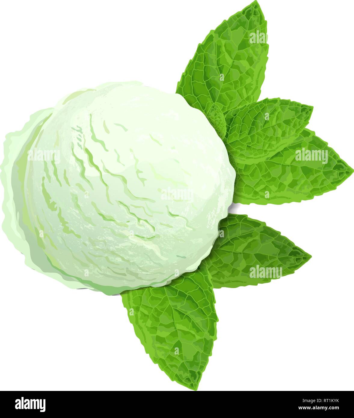 Verde menta gelato con foglie di menta isolati su sfondo bianco, vista dall'alto Illustrazione Vettoriale
