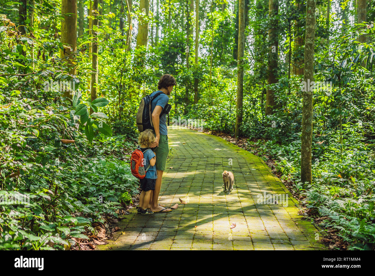Papà e figlio viaggiatori alla scoperta della foresta Ubud nella foresta delle scimmie, Bali Indonesia. Viaggiare con bambini di concetto Foto Stock