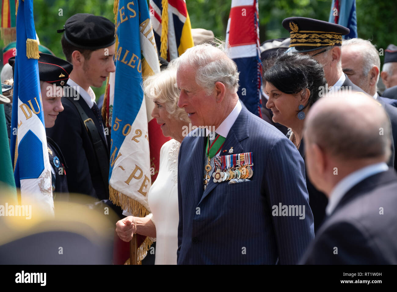Commemorazione del 8 maggio a Lione con la royal visita del Principe di Galles e la duchessa di Cornovaglia. In presenza di Gérard Collomb Ministro del Foto Stock