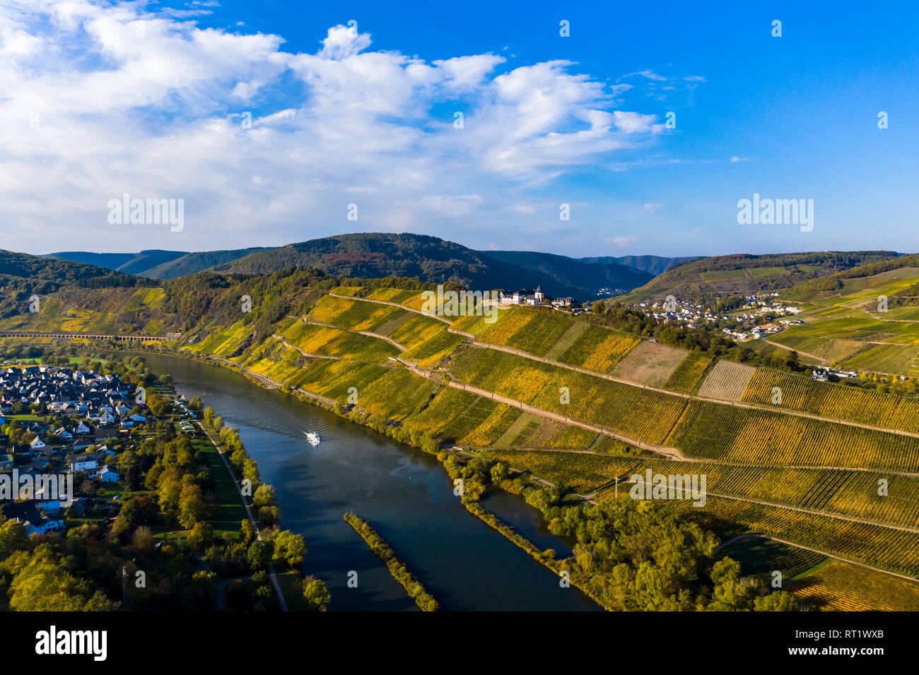 In Germania, in Renania Palatinato, vigneti e Marienburg vicino Puenderich, fiume Moselle Foto Stock