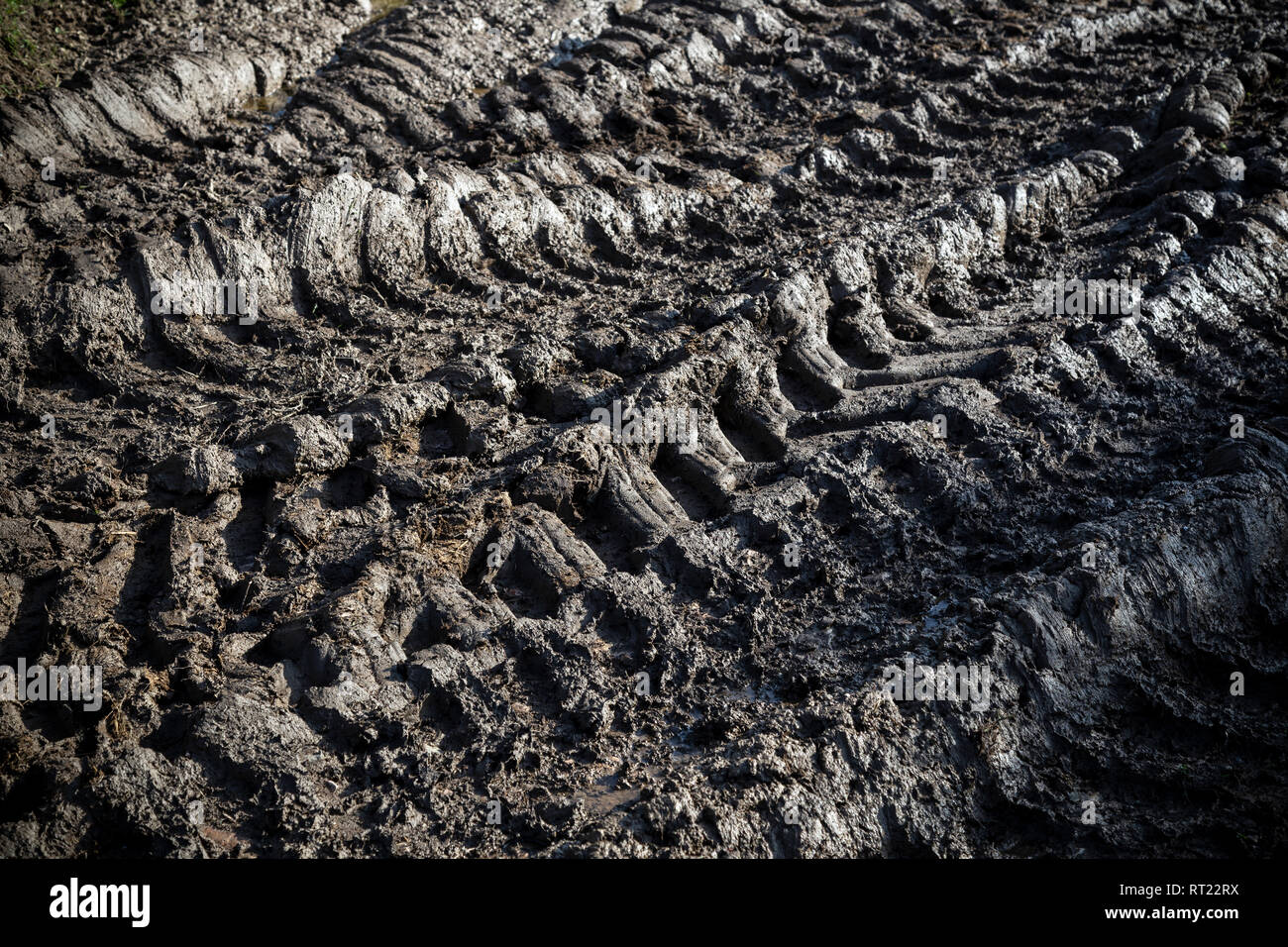 Abstract tracce di pneumatici in campo agricolo, agricoltura, sfondi, auto, commerciale veicolo terrestre, creatività, curva, design, sporcizia, strada sterrata, sporchi, Foto Stock