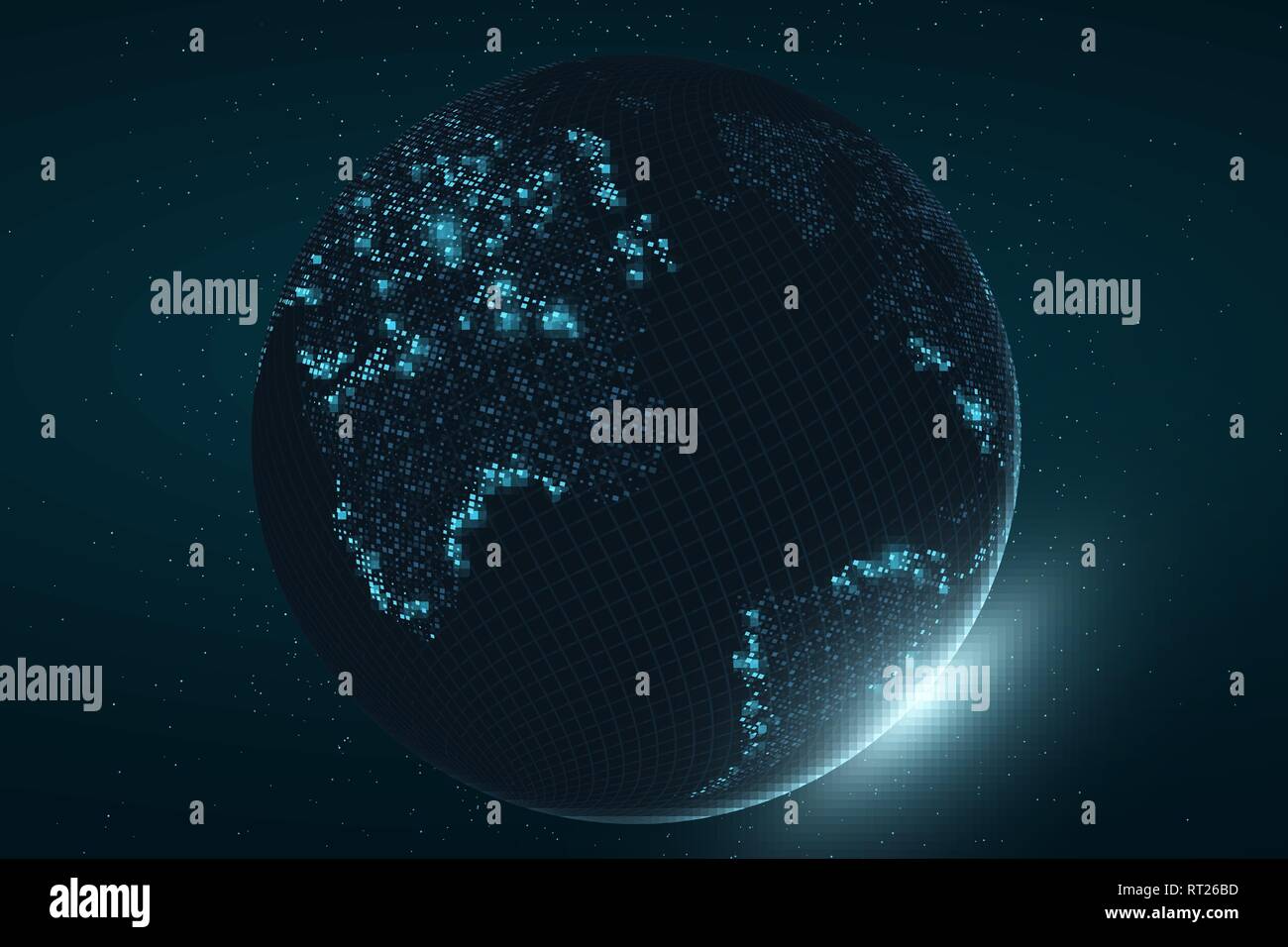 Il futuristico pianeta Terra. Mappa incandescente di punti quadrati. Abstract background. Composizione di spazio. Bagliore blu. High Tech. Mappa del mondo. Rete globale informaz Illustrazione Vettoriale