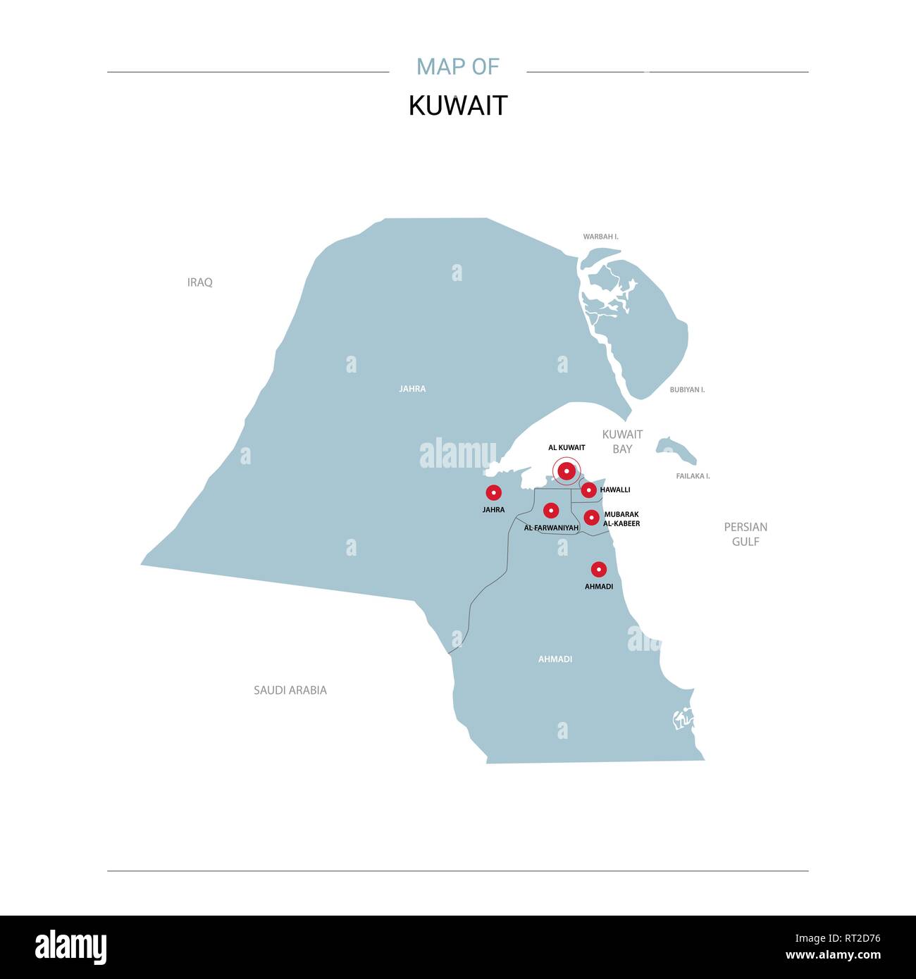 Kuwait mappa vettoriale. Modello modificabile con le regioni, le città, i pin di colore rosso e blu superficie su sfondo bianco. Illustrazione Vettoriale