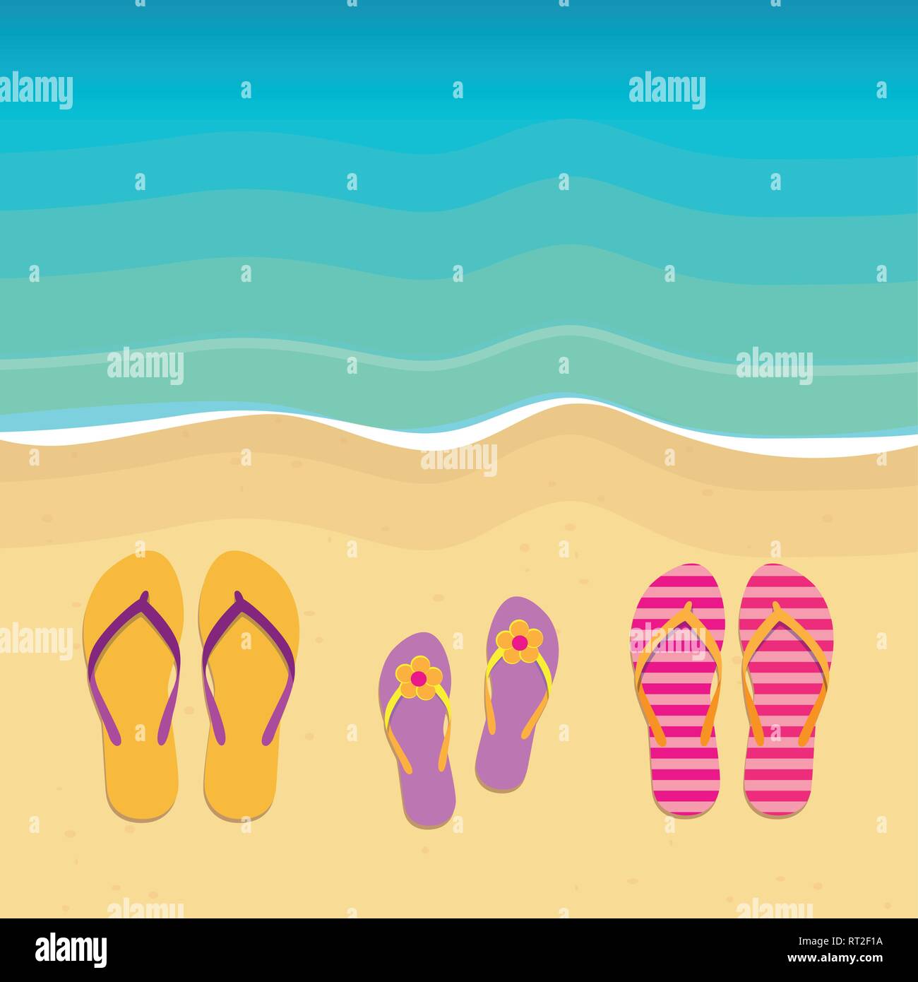 Tre coppie di flip flop sulla spiaggia famiglia vacanze estate illustrazione vettoriale EPS10 Illustrazione Vettoriale