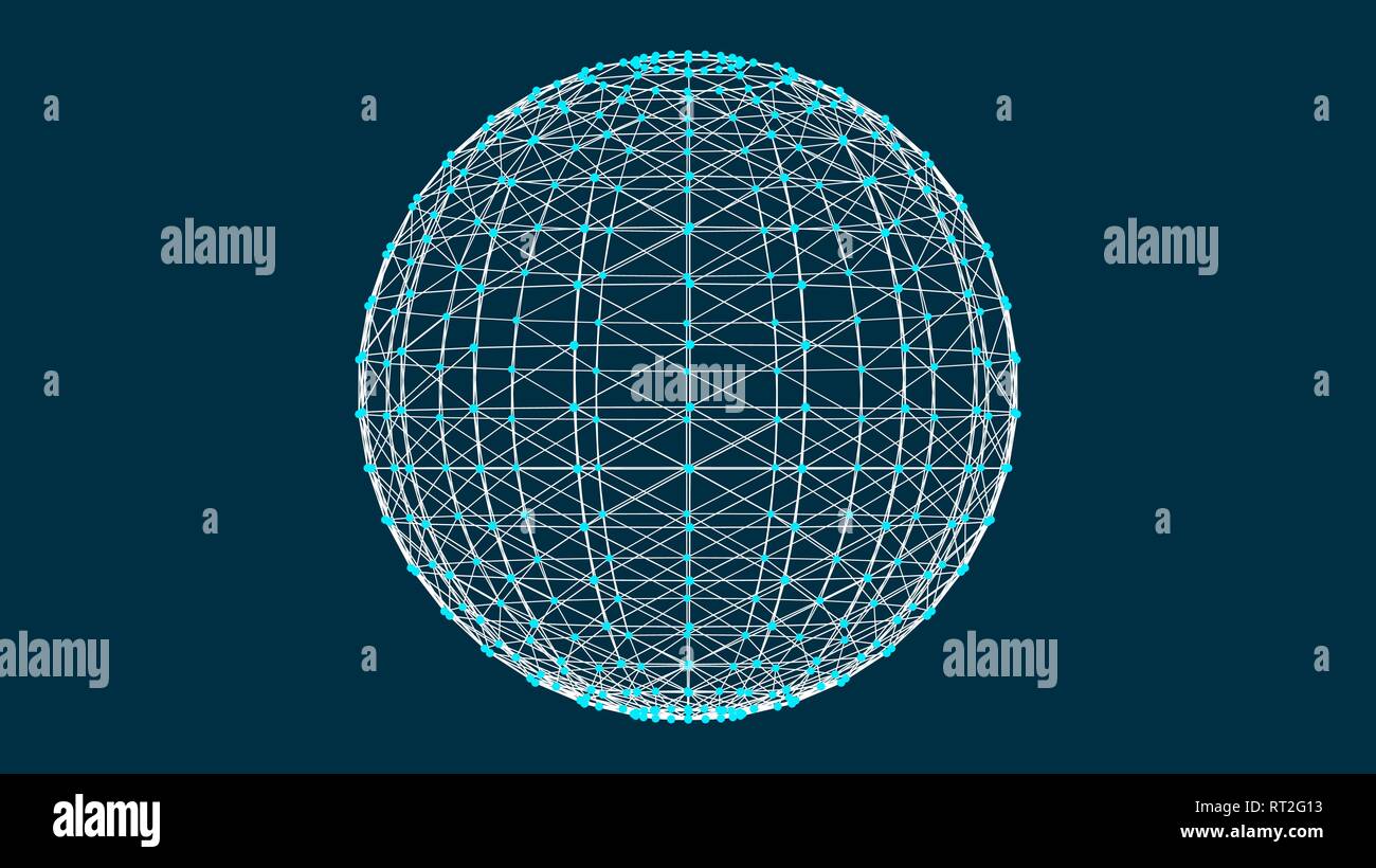3d di sfera con effetto di maglia, abstract collegamenti con punti sono nello spazio, pianeta trasparente, generate dal computer Illustrazione Vettoriale