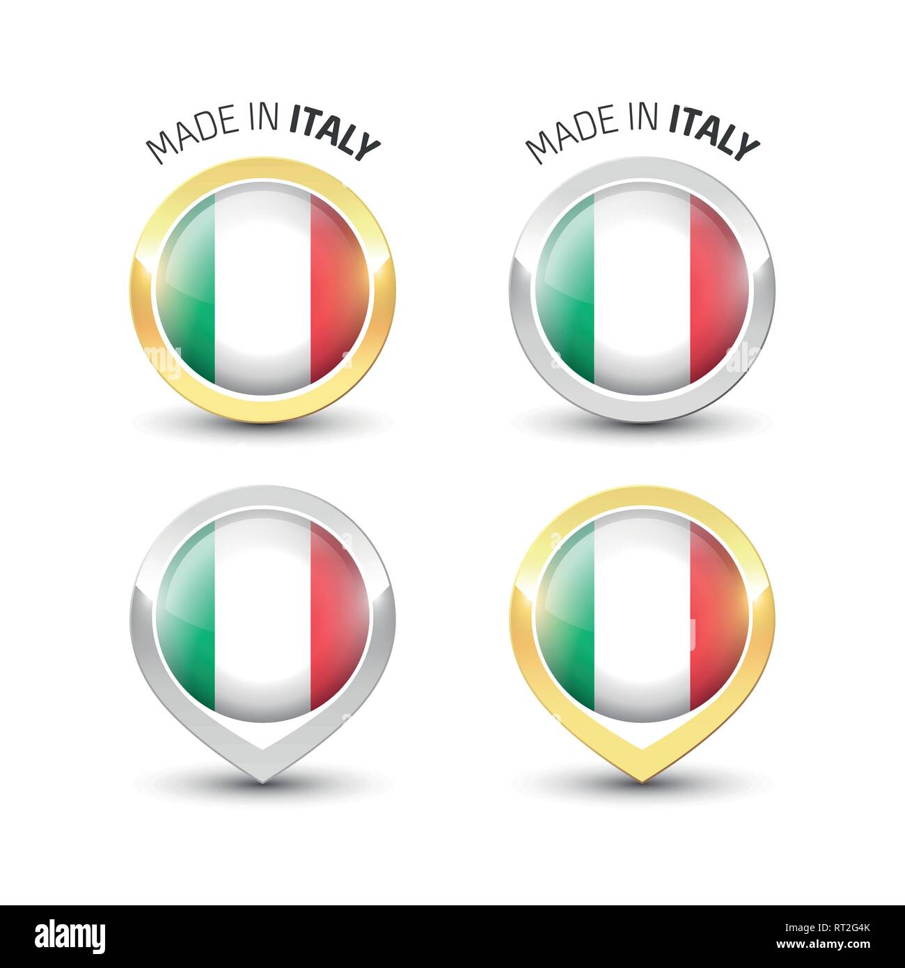 Made in Italy - etichetta di garanzia con la bandiera italiana all'interno del turno oro e argento icone. Illustrazione Vettoriale