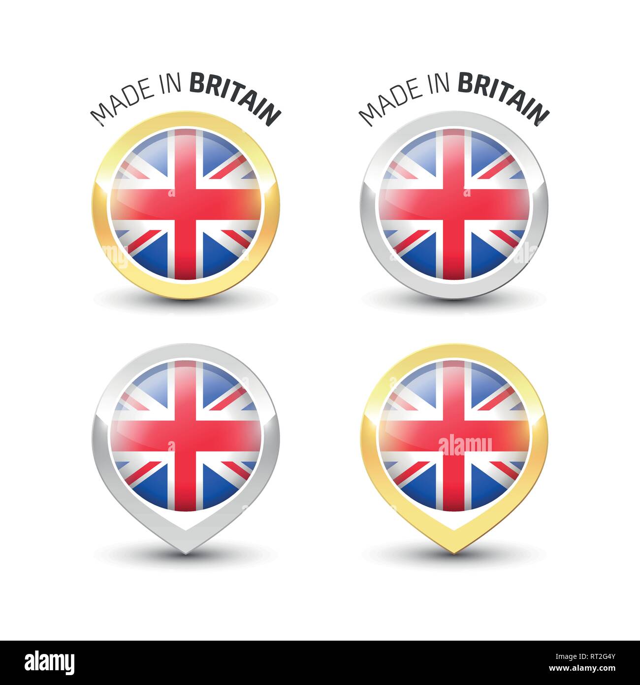 Realizzato in Gran Bretagna UK - etichetta di garanzia con la bandiera del Regno Unito all'interno del turno oro e argento icone. Illustrazione Vettoriale