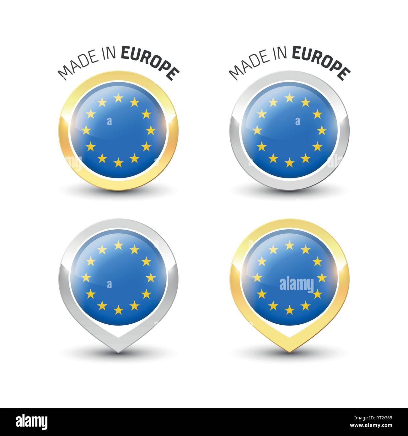 Realizzato in Europa UE - etichetta di garanzia con la bandiera dell'Unione europea all'interno del turno oro e argento icone. Illustrazione Vettoriale