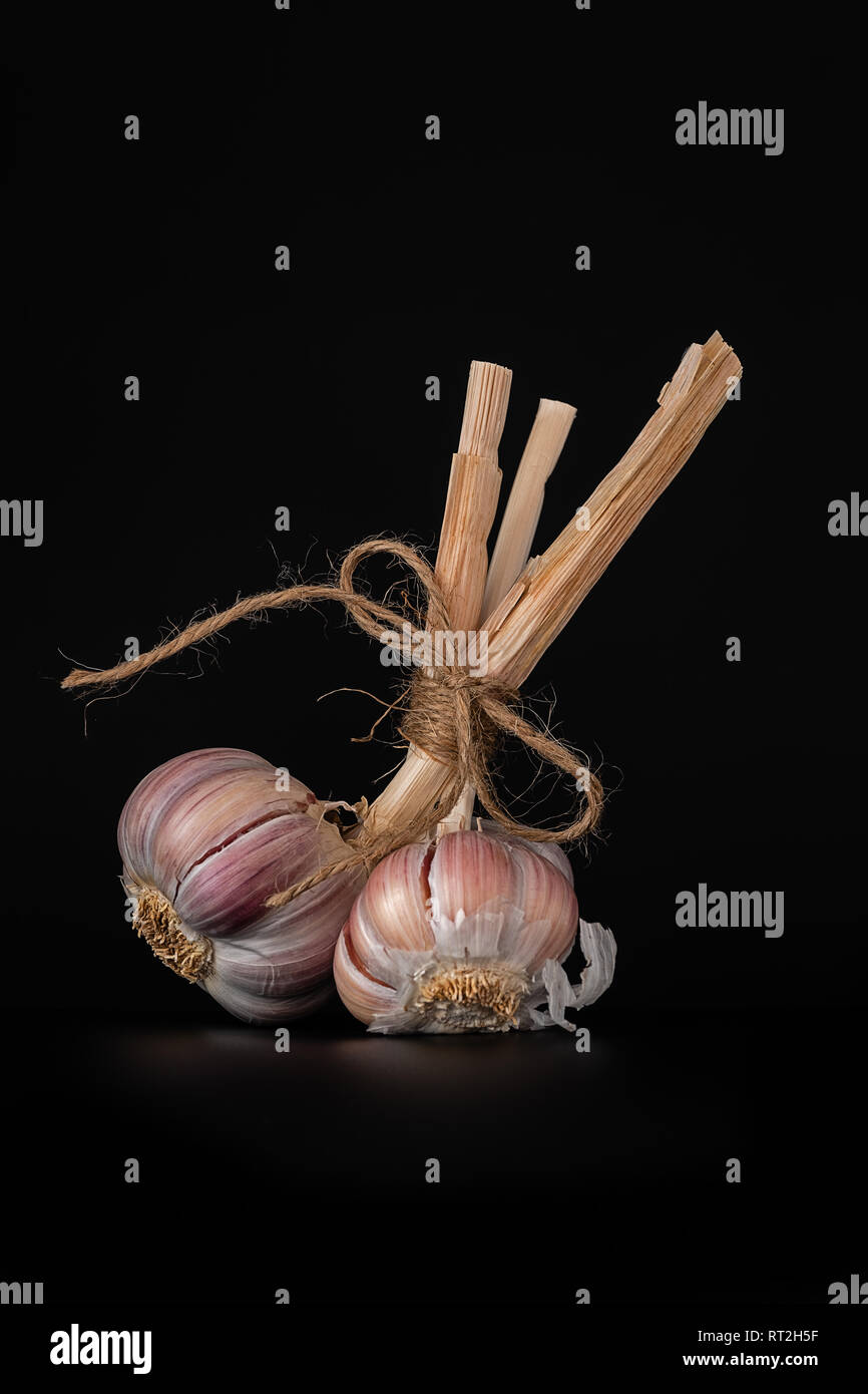 Tuberi di aglio legati con corda di canapa Foto Stock