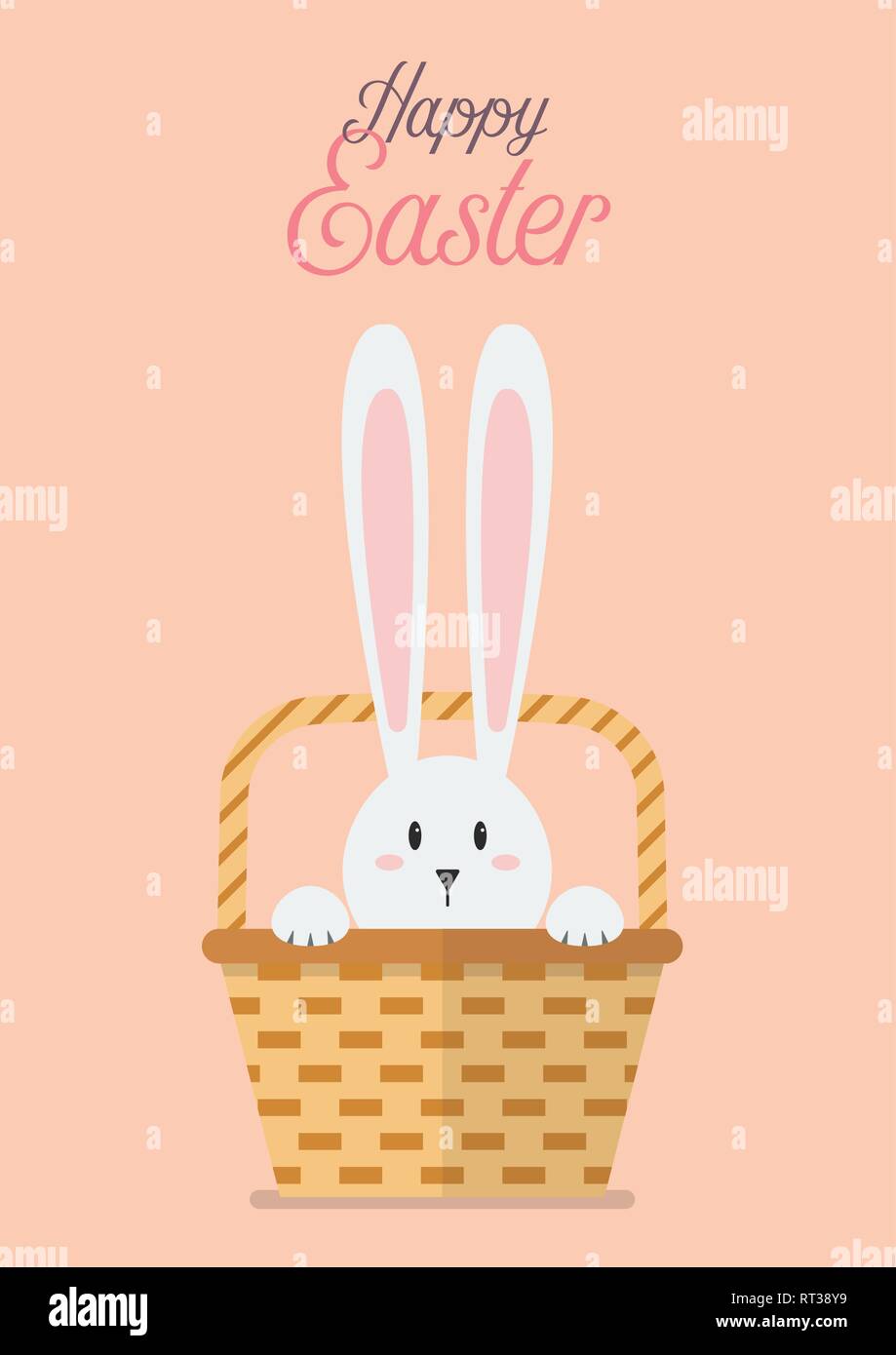Felice Pasqua con Bunny nel cesto di vimini. Pasqua greeting card illustrazione vettoriale Illustrazione Vettoriale