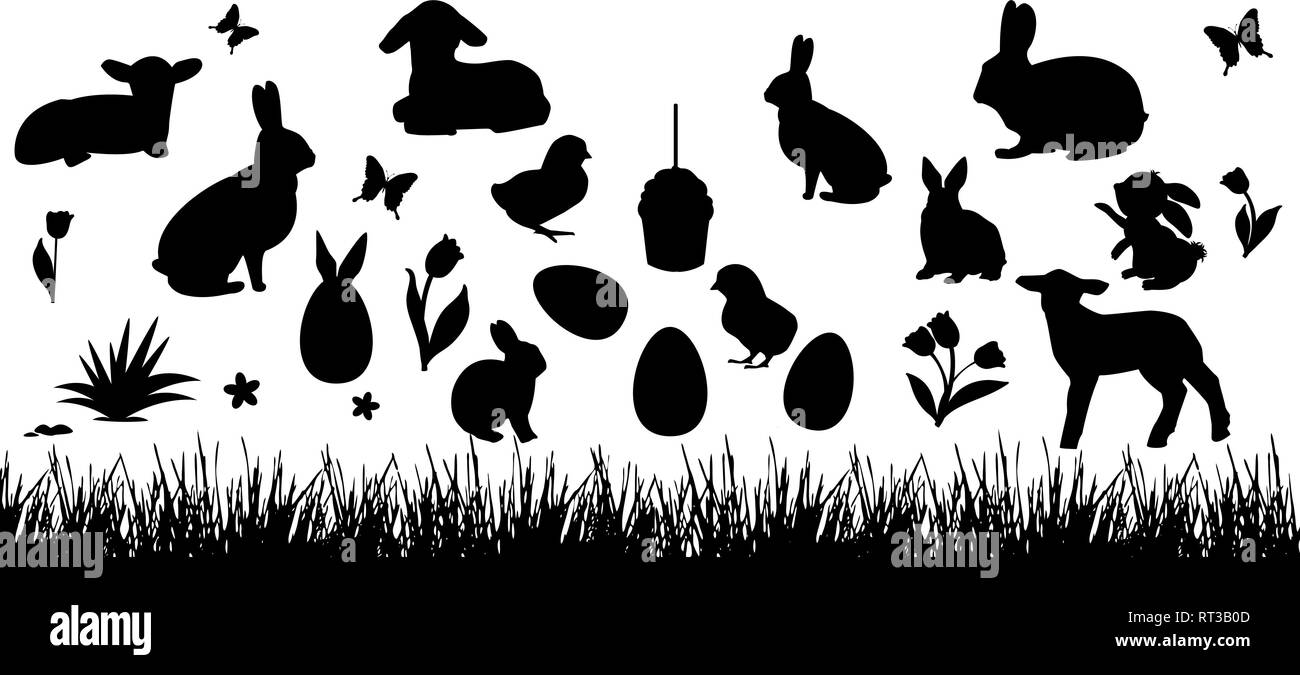 Sagome di conigli, polli, agnelli su uno sfondo bianco. Erba, farfalle e fiori. Set di elementi di pasqua per il design. Gli animali della fattoria. Illustrazione Vettoriale