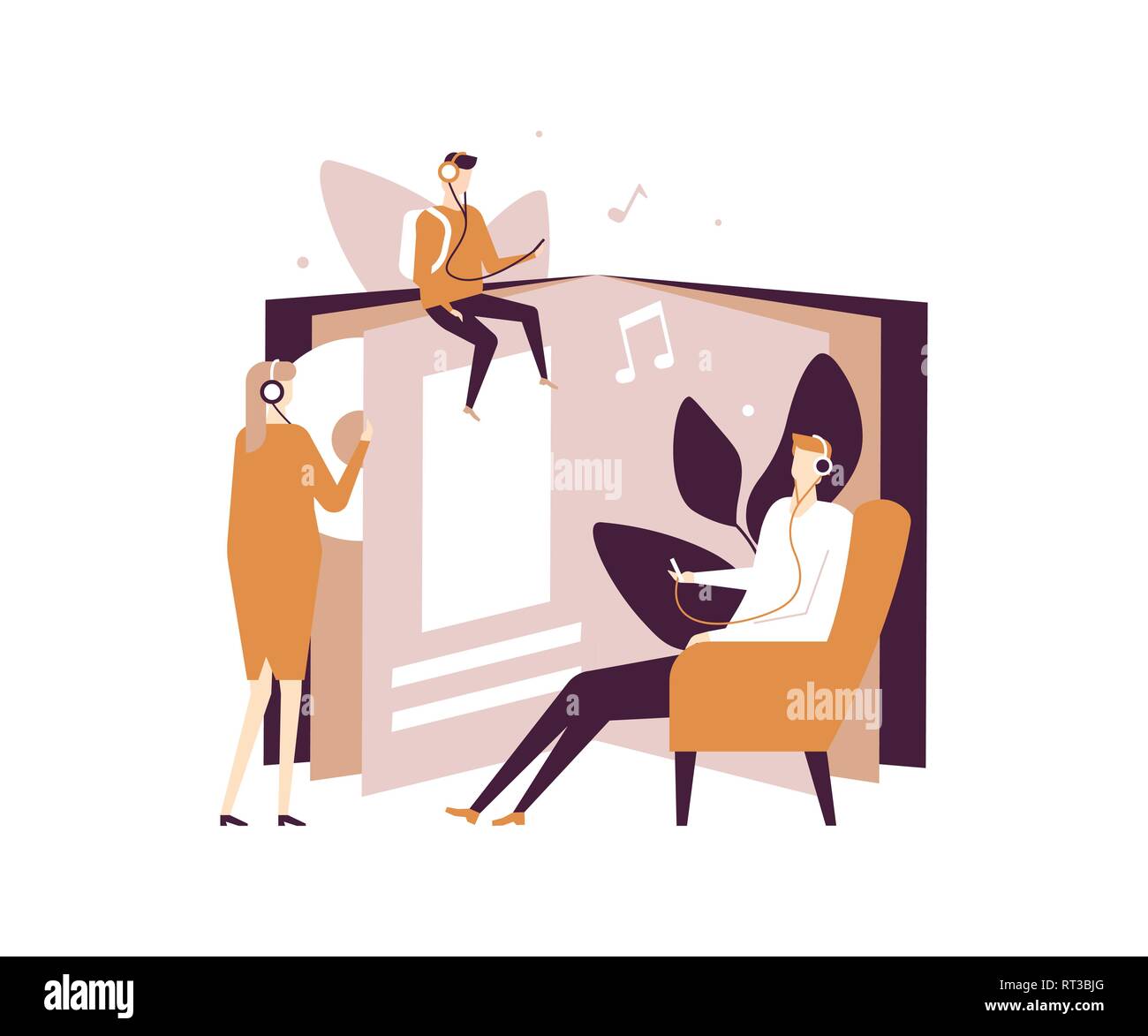 Ascolto di audiolibri - piatto stile design illustrazione Illustrazione Vettoriale