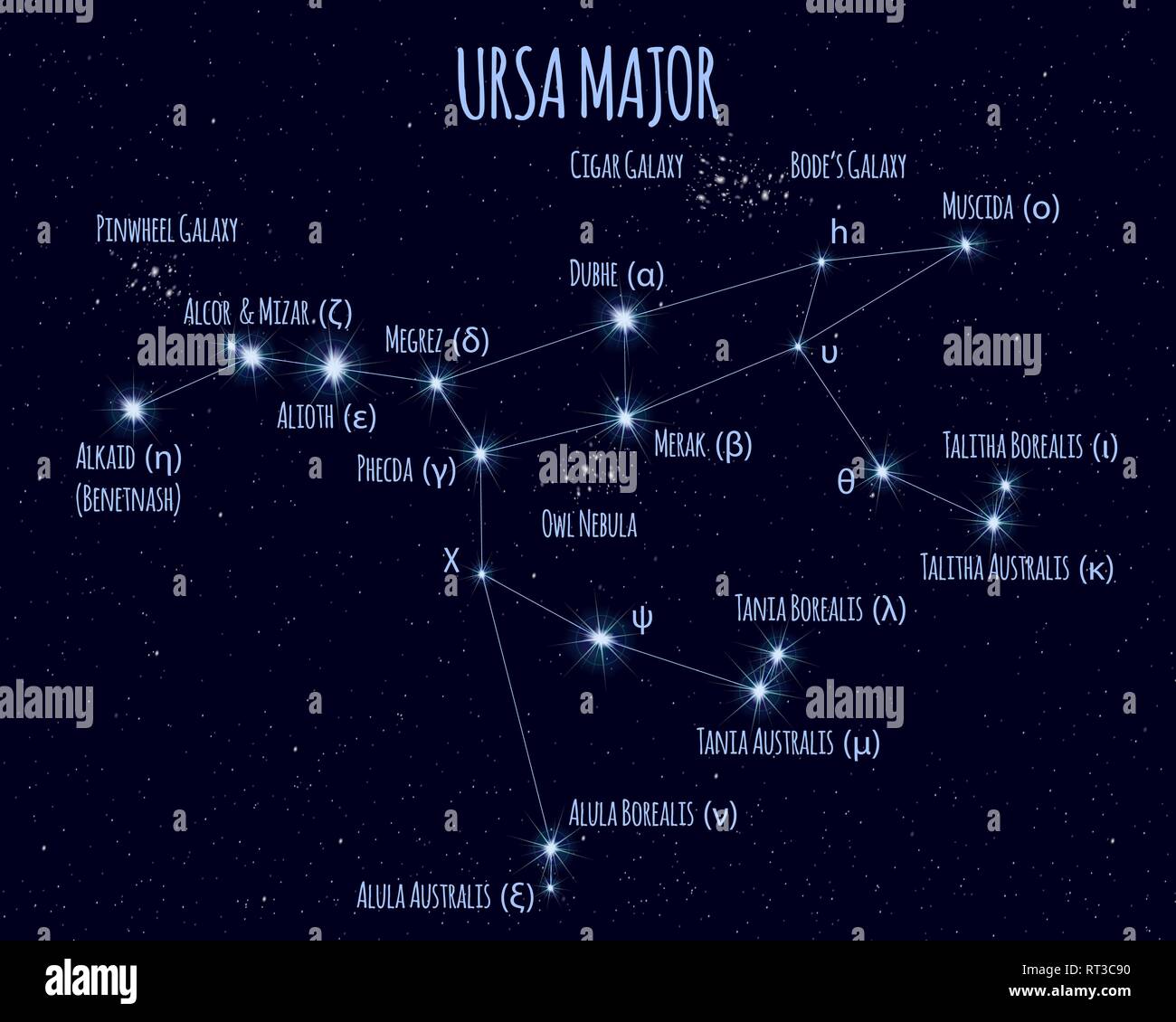 Piena Orsa Maggiore (grande orso, Big Dipper) costellazione, illustrazione vettoriale con i nomi delle stelle di base contro il cielo stellato Illustrazione Vettoriale