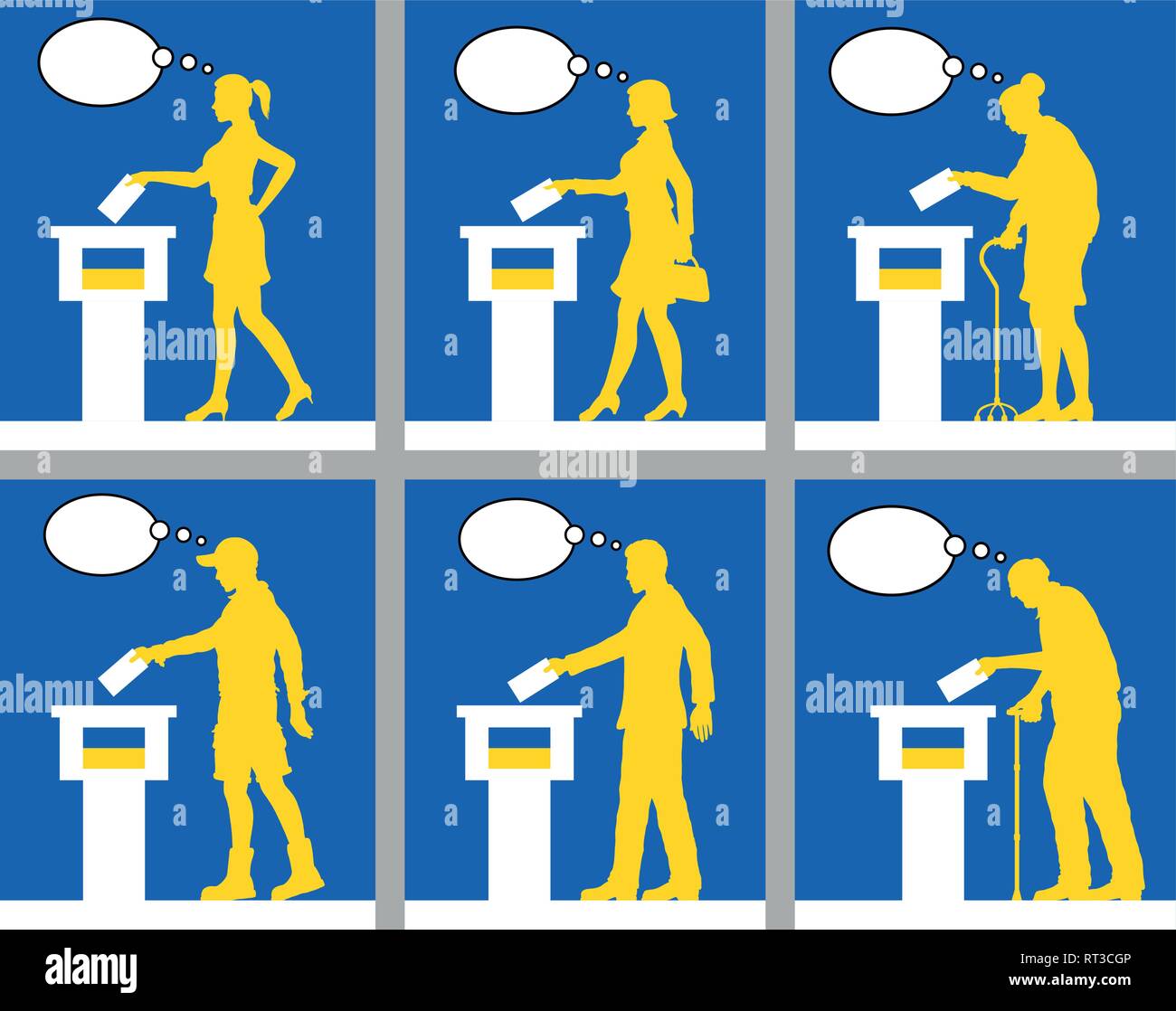 Cittadini ucraini votare alle elezioni in Ucraina con bolle di pensiero. Tutti gli oggetti di silhouette e gli sfondi sono in diversi strati. Illustrazione Vettoriale