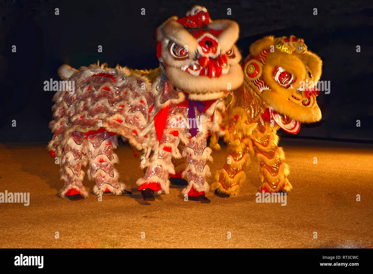 Ballerini cinesi, animale di grandi dimensioni costumi; intricati, sparkle, etnica, esecuzione, spostando, notte; divertimento; orizzontale Foto Stock