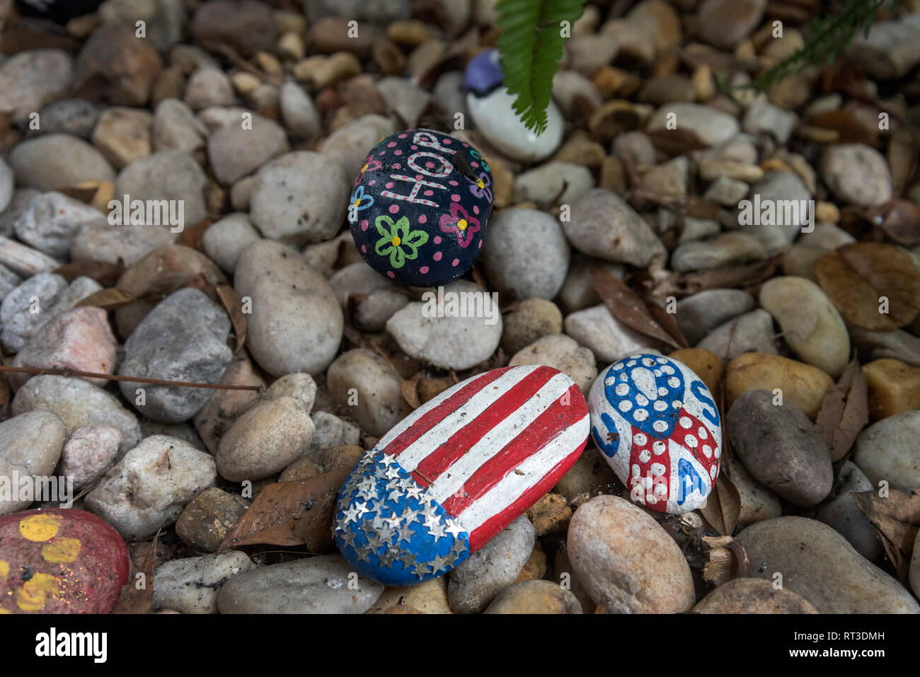Il giardino di pietra al Lake City Florida Veterans Administration Medical Center. Le pietre sono dipinti a mano e collocato in un piccolo giardino vicino all'entr Foto Stock
