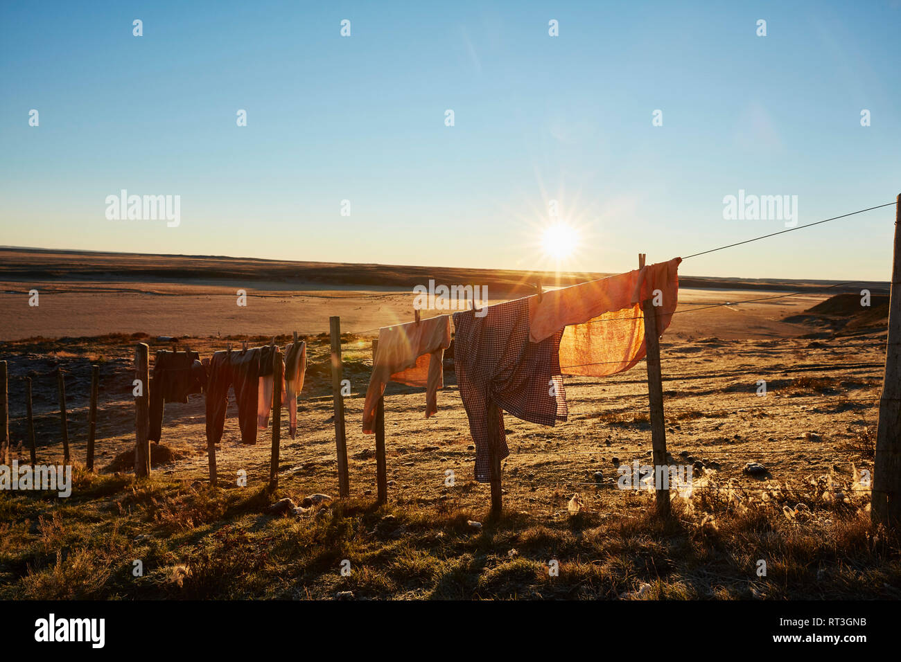 Il Cile, Tierra del Fuego, vestiti appesi ad asciugare su uno stendibiancheria di una estancia Foto Stock