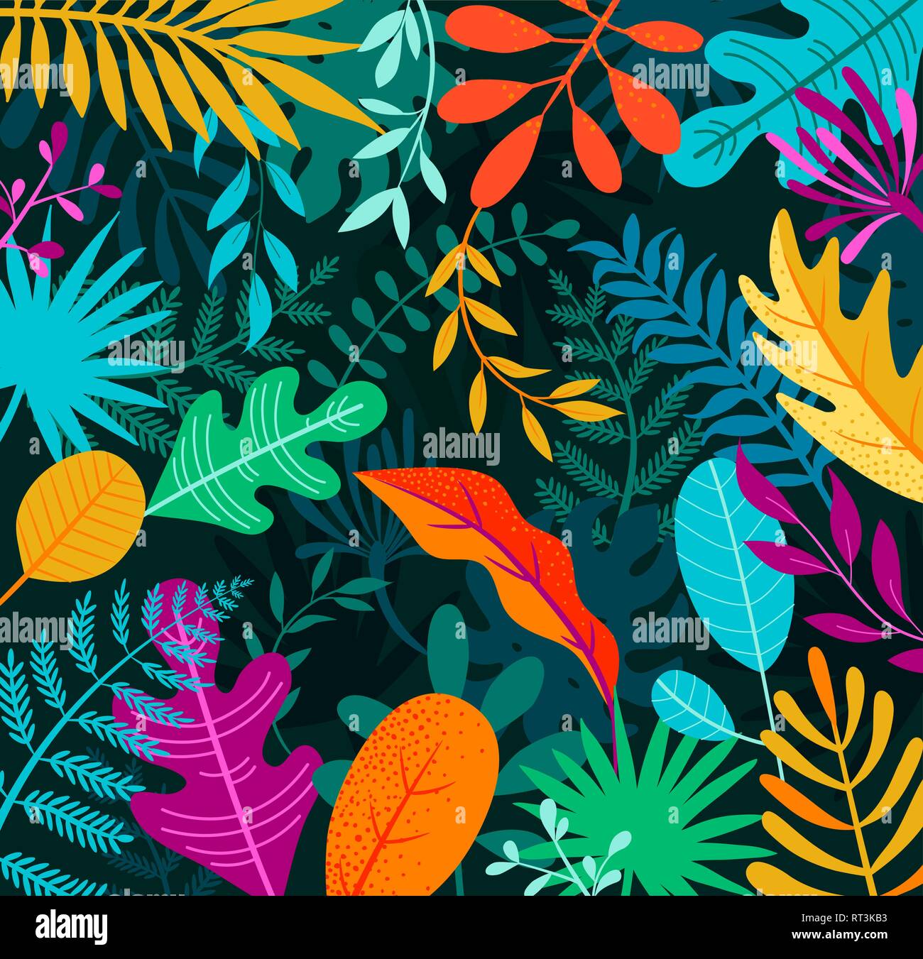 Sullo sfondo della giungla tropicale con foglie di palma. Illustrazione Vettoriale