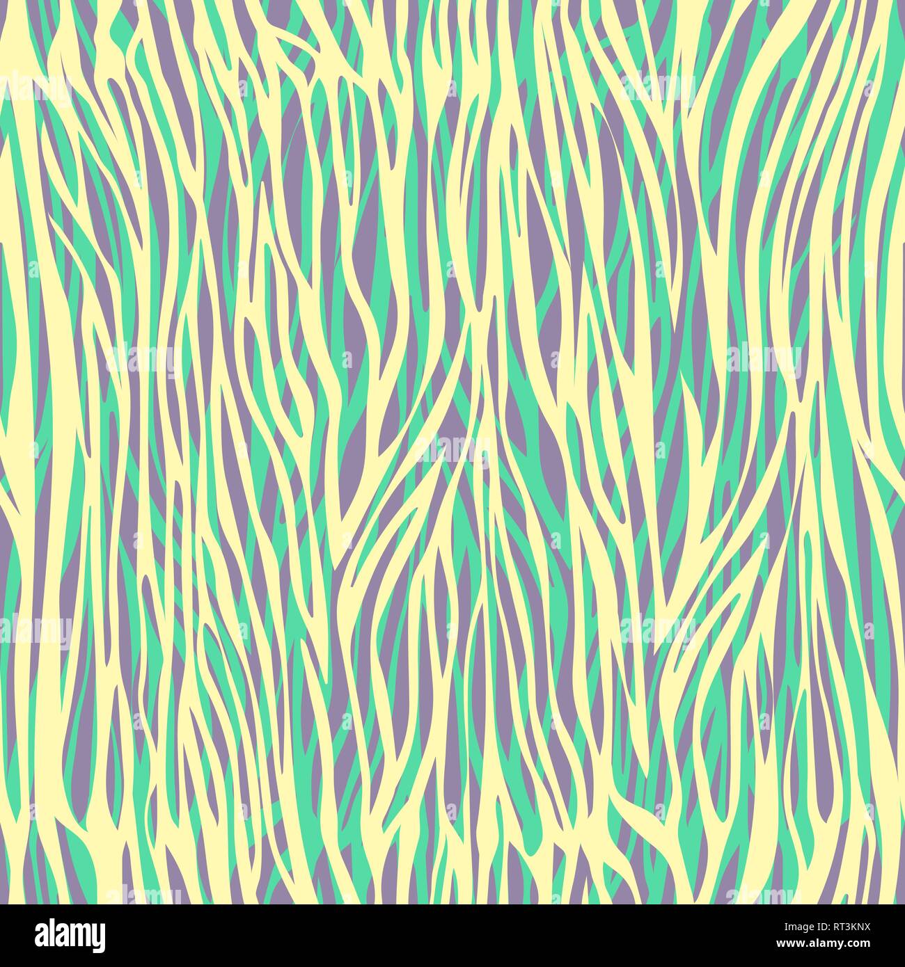 Caotica strisce irregolari astratto modello senza giunture, stampa zebra, ornamento zoomorfi e stilizzata illustrazione moderna. Colorata viola pastello giallo verde Illustrazione Vettoriale