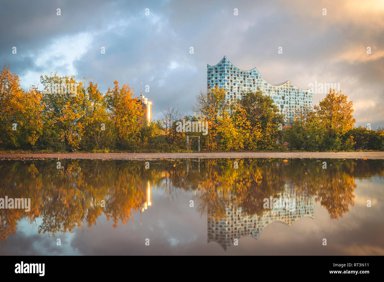 Germania, Amburgo, Elbe Philharmonic Hall, che si riflette in una pozza in autunno Foto Stock
