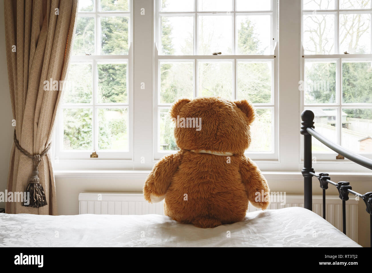 Orsacchiotto di peluche seduto su un letto guardando fuori della finestra. Può raffigurare la solitudine, depressione o ansia Foto Stock