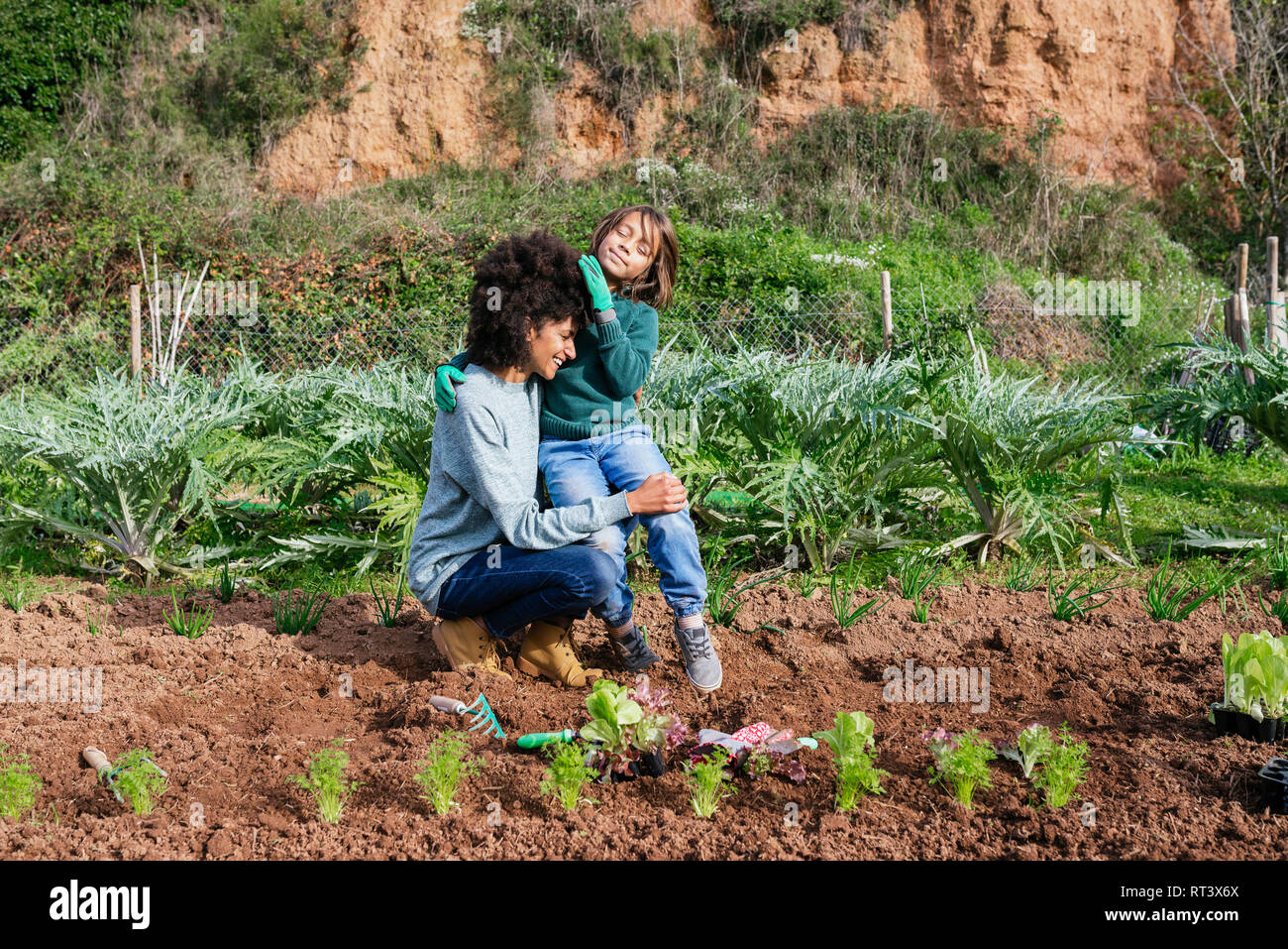 Madre e figlio di piantare le piantine di lattuga in un orto Foto Stock