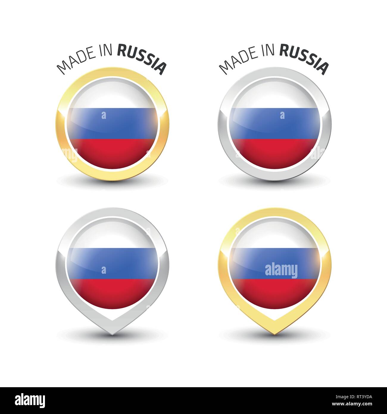 Realizzata in Russia - etichetta di garanzia con la bandiera russa all'interno del turno oro e argento icone. Illustrazione Vettoriale
