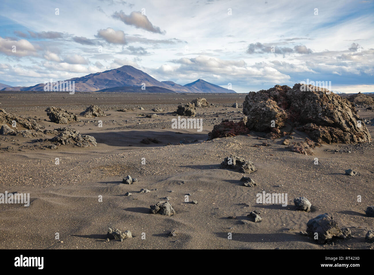 Sabbia del deserto di ceneri vulcaniche e formazioni di lava a Ódáðahraun (Lava del Male), il largegst islandese campo di lava, altipiani di Islanda e Scandinavia Foto Stock