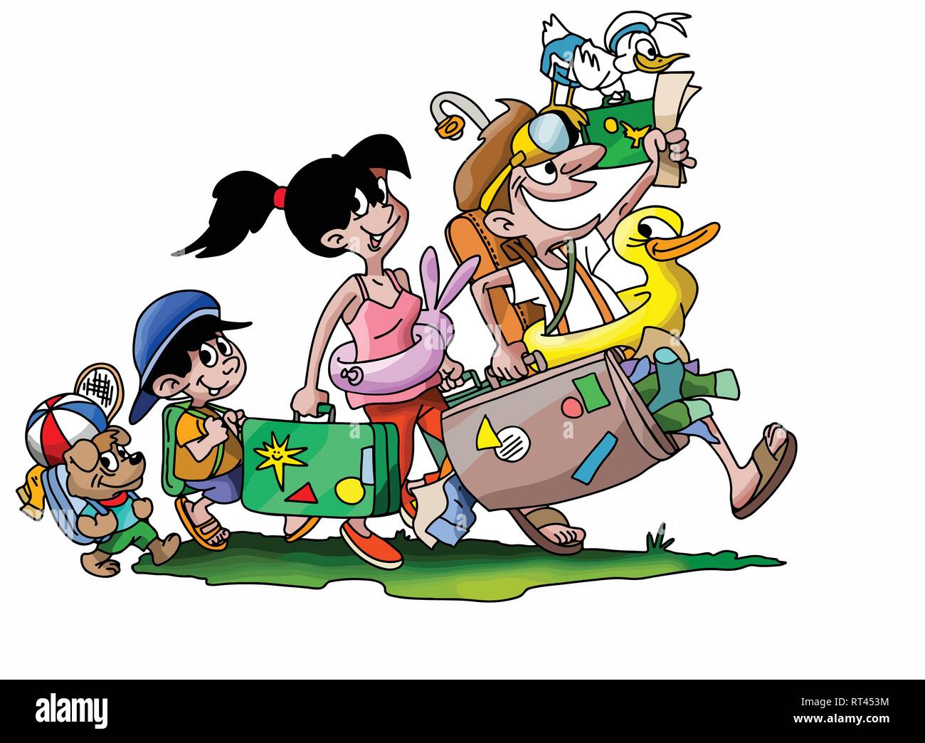 Cartoon la famiglia che va in vacanza con il loro cane illustrazione vettoriale Illustrazione Vettoriale