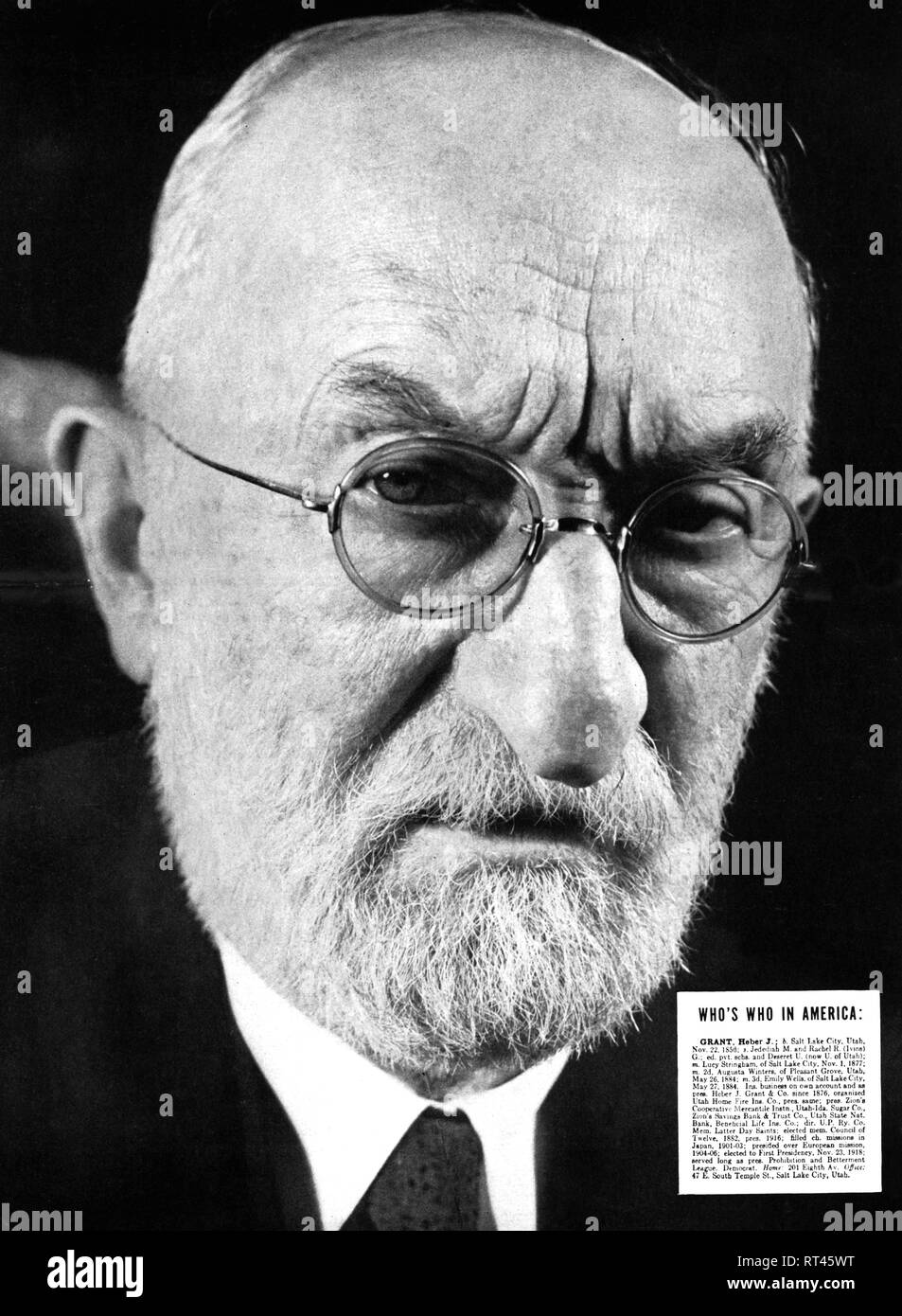 Concedere, Heber J., 22.11.1856 - 14.5.1945, impresario americano e il sacerdote, il settimo presidente dei Mormoni, ritratto, 1938 circa, Additional-Rights-Clearance-Info-Not-Available Foto Stock