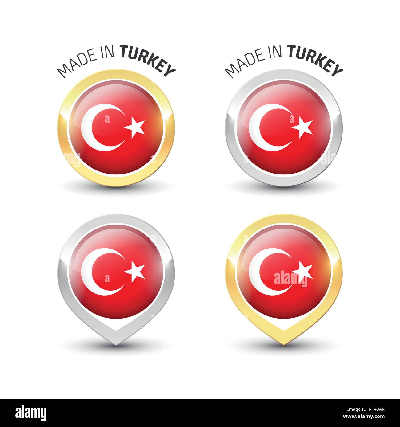 Realizzati in Turchia - etichetta di garanzia con bandiera turca all'interno del turno oro e argento icone. Illustrazione Vettoriale