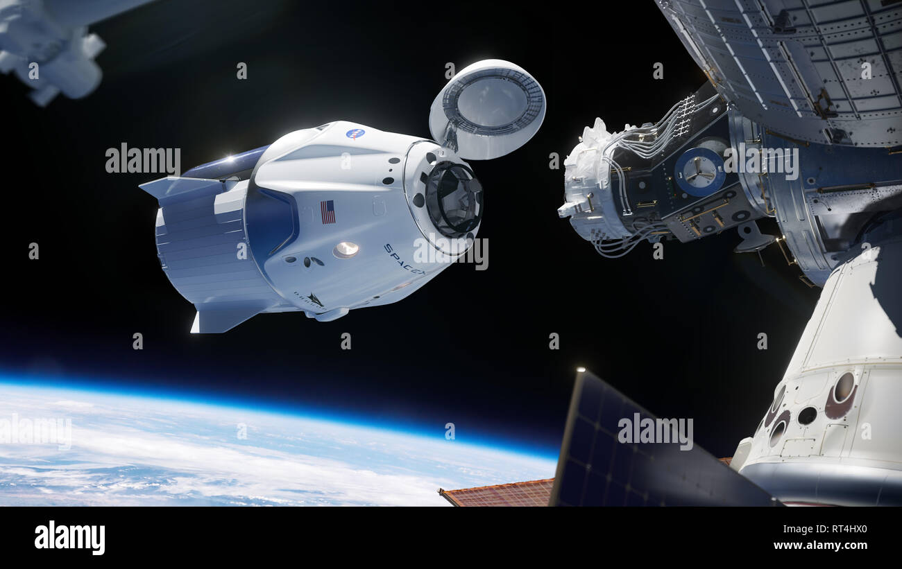 Un artista illustrazione che mostra l'equipaggio SpaceX Dragon docking per veicoli spaziali per la Stazione Spaziale Internazionale il 25 febbraio 2019. La SpaceX Dragon equipaggio commerciale Capsule è previsto per il decollo dal Kennedy Space Center il 2 marzo 2019 su un senza equipaggio di volo di prova per il laboratorio orbitante nel primo passo verso portando gli astronauti nello spazio. Foto Stock