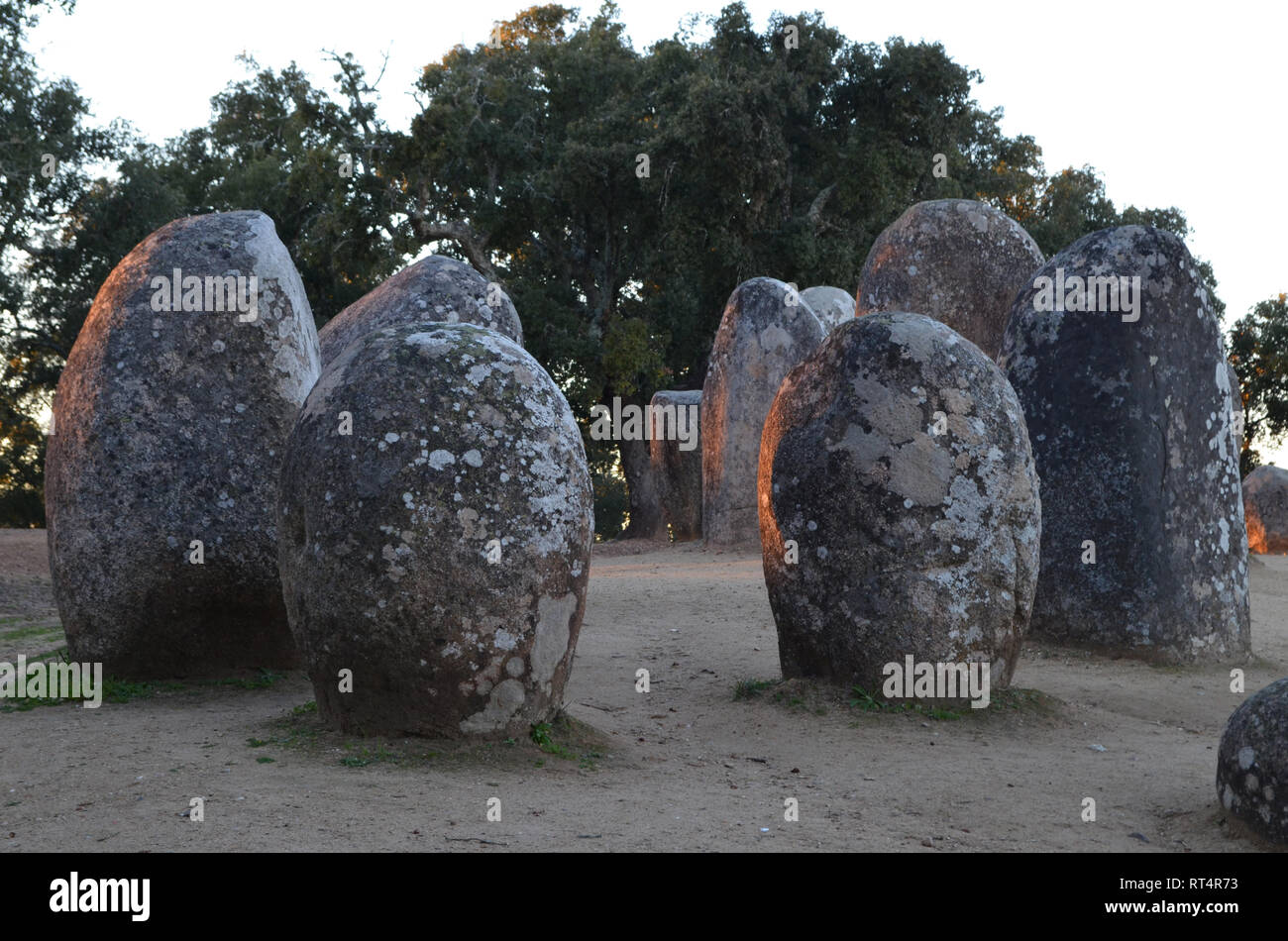 Vi millennio A.C. Almendres Cromlech, un complesso megalitico vicino a Evora in Portogallo meridionale Foto Stock