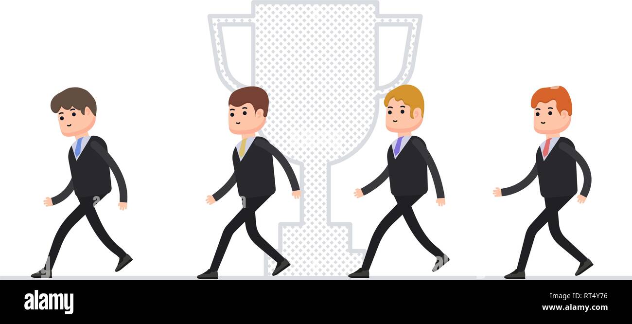 Eseguire imprenditori, manager di competere per la leadership, vincere una coppa da parte dei concorrenti, i caratteri piccoli in uno stile piatto Illustrazione Vettoriale