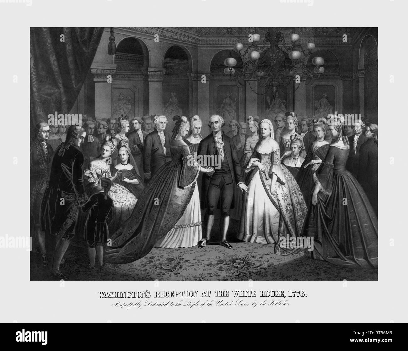 Una folla accogliente il Presidente George Washington e sua moglie Martha alla Casa Bianca, 1776. Foto Stock