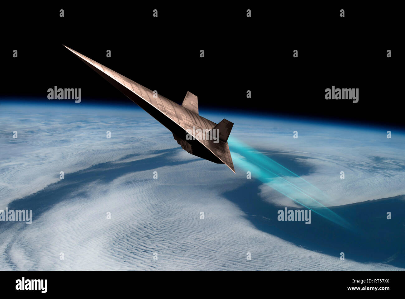 Un unmanned scramjet vola verso lo spazio esterno in prossimità del bordo dell'atmosfera della terra. Foto Stock