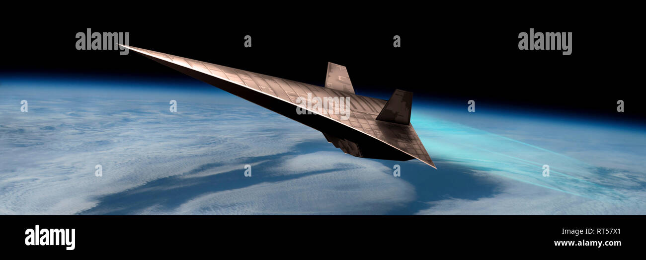 Un unmanned scramjet vola verso lo spazio esterno in prossimità del bordo dell'atmosfera della terra. Foto Stock