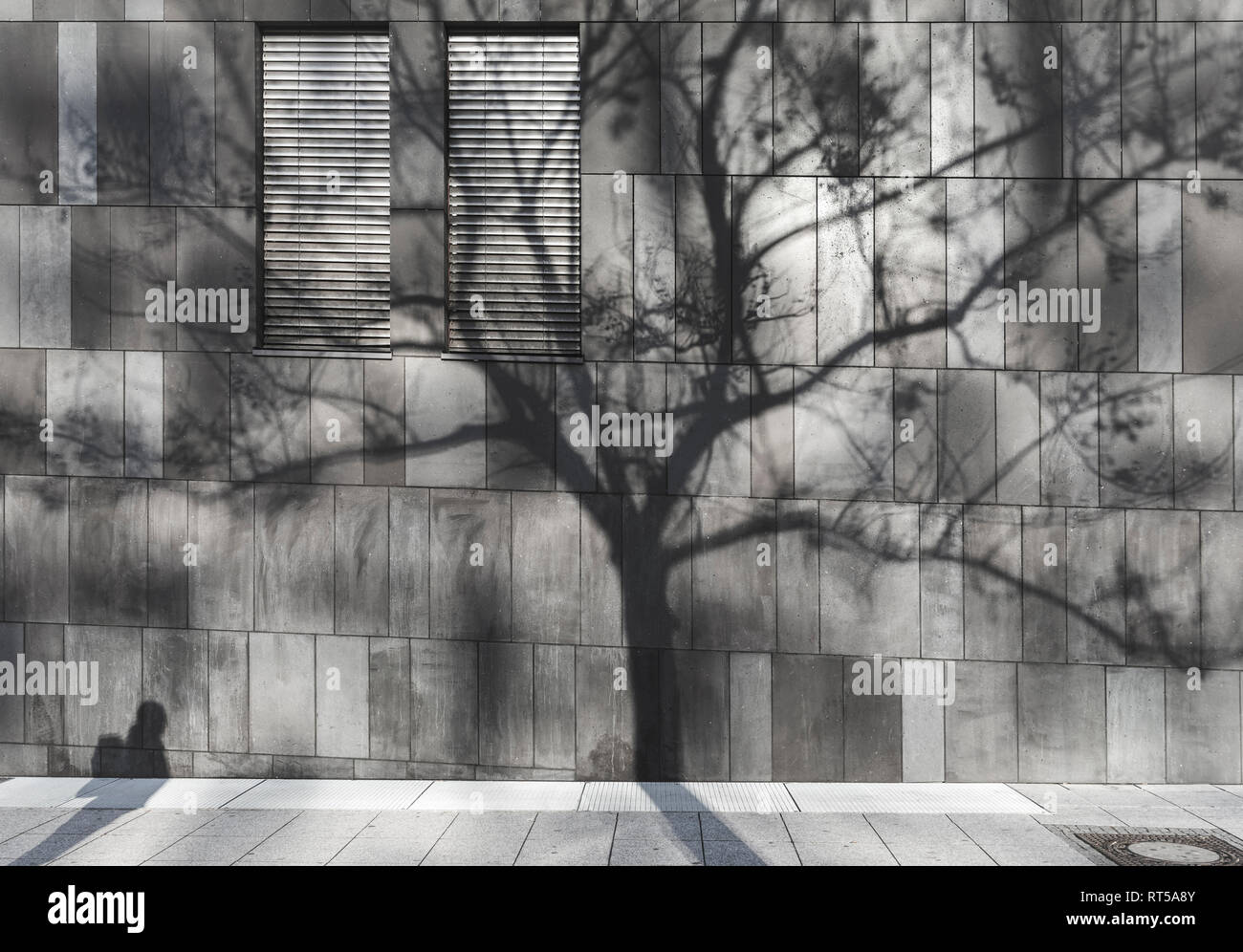 Ombra di un uomo e di una struttura riflessa sulla parete di un edificio moderno con finestre chiuse, nella città di Stoccarda, Germania. I problemi dell'ambiente. Foto Stock