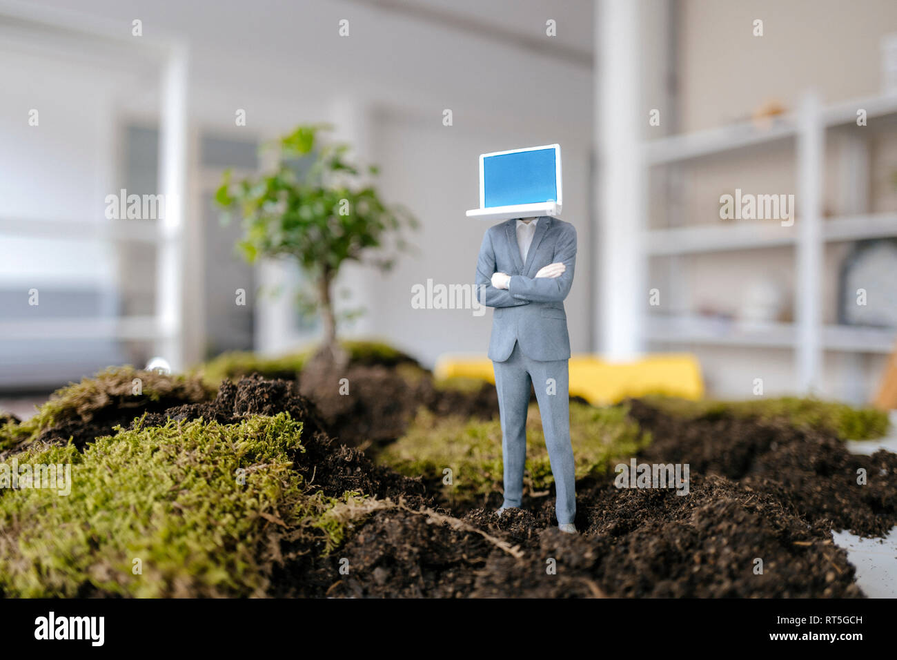 Imprenditore figurine con testa di notebook in piedi sul verde muschio Foto Stock